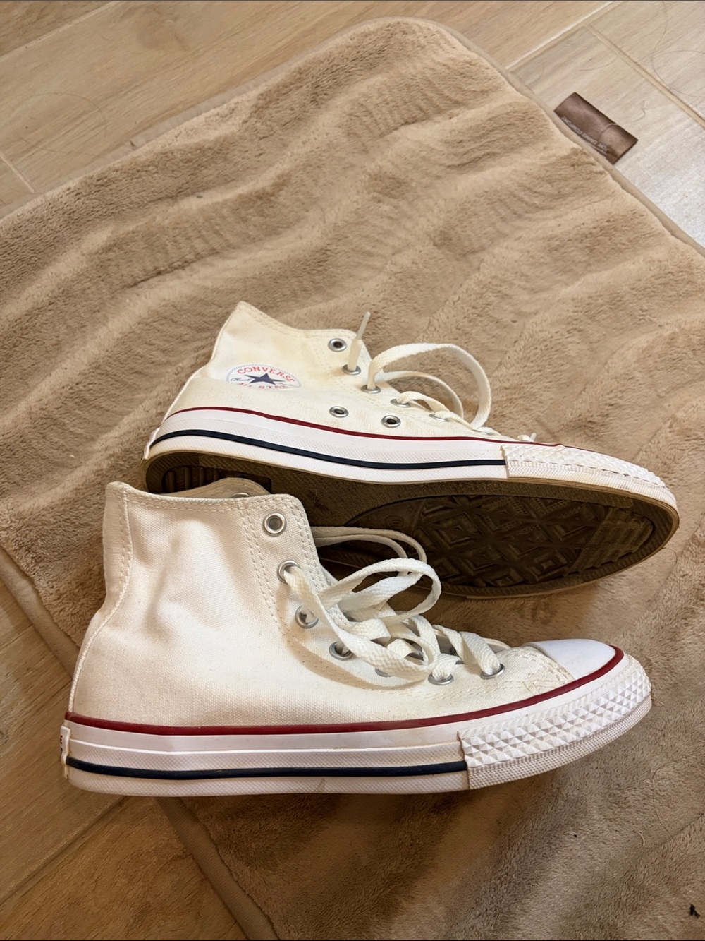 Converse White High-Top Sneakers with Red & Blue Stripe